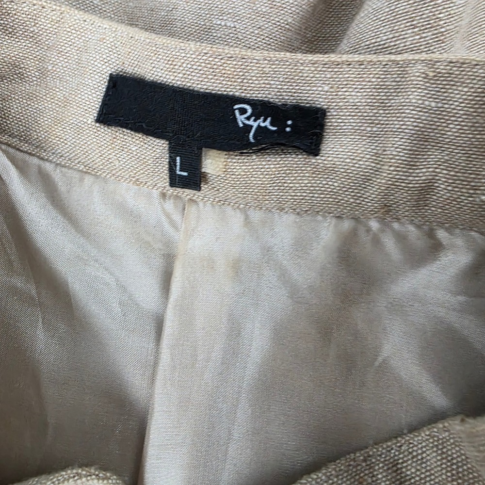 RYU Dress Large Beige Linen Cotton Ruffle Pleated Hem Sash Boho Cottagecore - Picture 4 of 11